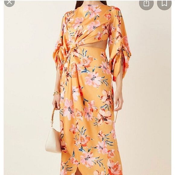 Significant Other Floral Orange and Pink  Puff Sleeve Cut Out Maxi Dress - Picture 1 of 10